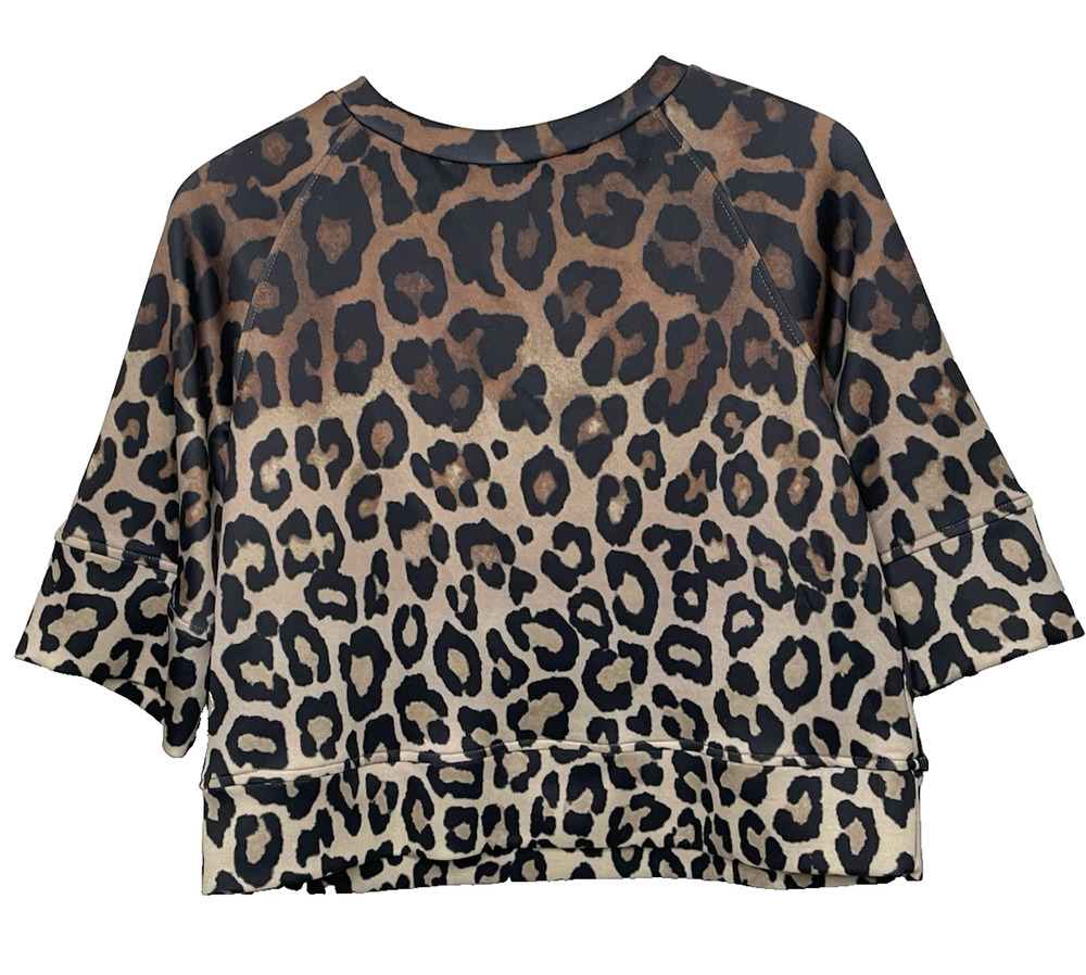 Tahari Women's Leopard Print Crop Top Boxy Stretch Knit Short Sleeve Brown M